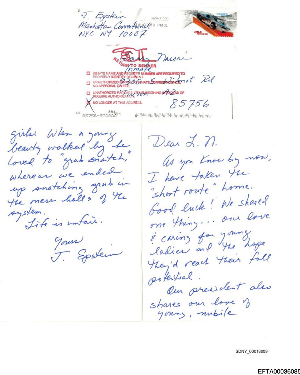 #ULTIMAHORA  
Esta carta de Epstein recién filtrada implica completamente a Donald Trump.

“Nuestro presidente comparte nuestro amor por las chicas jóvenes y núbiles.