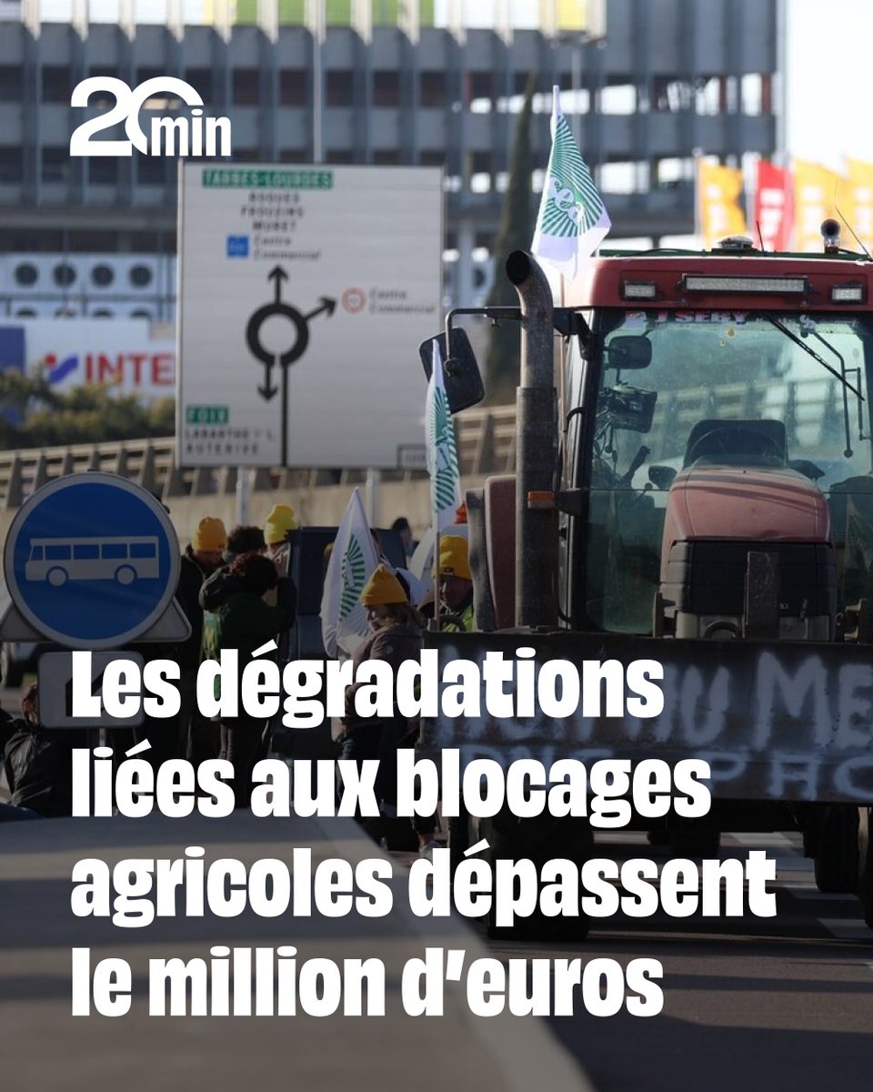 20Minutes's tweet image. La préfecture des Pyrénées-Atlantiques a annoncé mardi que le coût des blocages menés depuis une dizaine de jours par des agriculteurs en colère dépasse le million d’euros.
➡️ 20min.fr/0j2