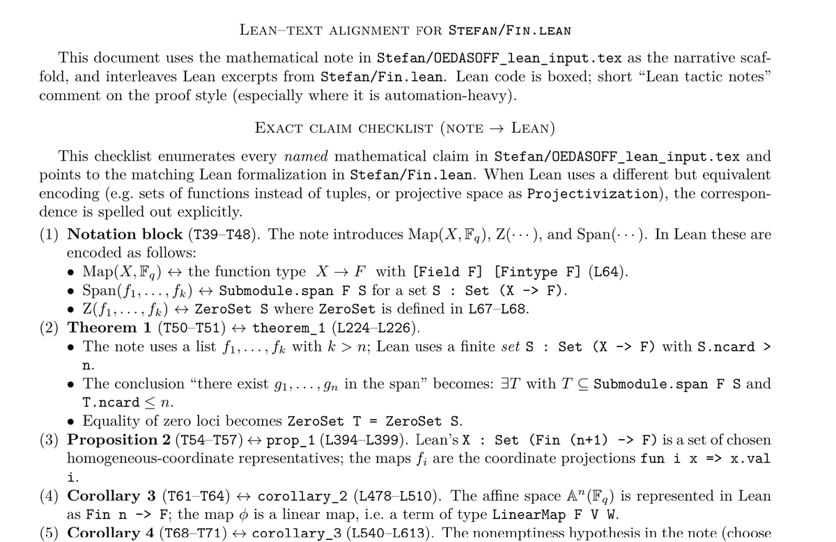 nasqret's tweet photo. Here I present a complete auto-formalization of a recent maths paper (again!)

https://t.co/c6bJgi4YOl

Barańczuk, Stefan. "Reducing the Number of Equations Defining a Subset of the n-Space over a Finite Field." Annales de la Faculté des sciences de Toulouse : Mathématiques, ser. 6, vol. 33, no. 1 (2024): 177–182. https://t.co/LdPVSE9mCU

I spent a few days on this project. First, I ran Aristotle by @HarmonicMath , which in about 15 hours completely auto-formalized the proof. Then, with the great help of @PietroMonticone , I managed to set up a blueprint version of the proof. This is a version in which all parts of the documentation in LaTeX become interactive and can be inspected and studied. We can see the dependencies in the proof and study their relations.

In the post-processing stage, I also used Grok Heavy and Codex CLI with GPT-5.2 in xhigh mode to write a line-by-line analysis of the formal proof. This is a great help for people who are not professional Lean 4 programmers. You can really internalize all the steps of the proof.

I want to summarize my impressions and what I learned from this experience. @vladtenev @Leonard41111588 @HarmonicMath @llllvvuu @littmath @AlexKontorovich @jdlichtman @KenOno691 @CarinaLHong @gdb @hongyuan_mei
