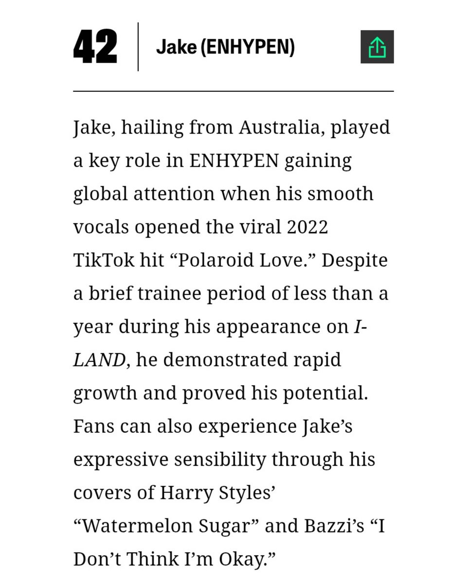 jakeyclub's tweet photo. #JAKE ranked #42 on Billboard’s Top K-pop Artists of 2025! 

“Jake, hailing from Australia, played a key role in ENHYPEN gaining global attention when his smooth vocals opened the viral 2022 TikTok hit Polaroid Love. Despite a brief trainee period of less than a year during his appearance on I-LAND, he demonstrated rapid growth and proved his potential. Fans can also experience Jake’s expressive sensibility through his covers of Harry Styles’ Watermelon Sugar and Bazzi’s I Don’t Think I’m Okay.”

so proud 🥹👏🏻