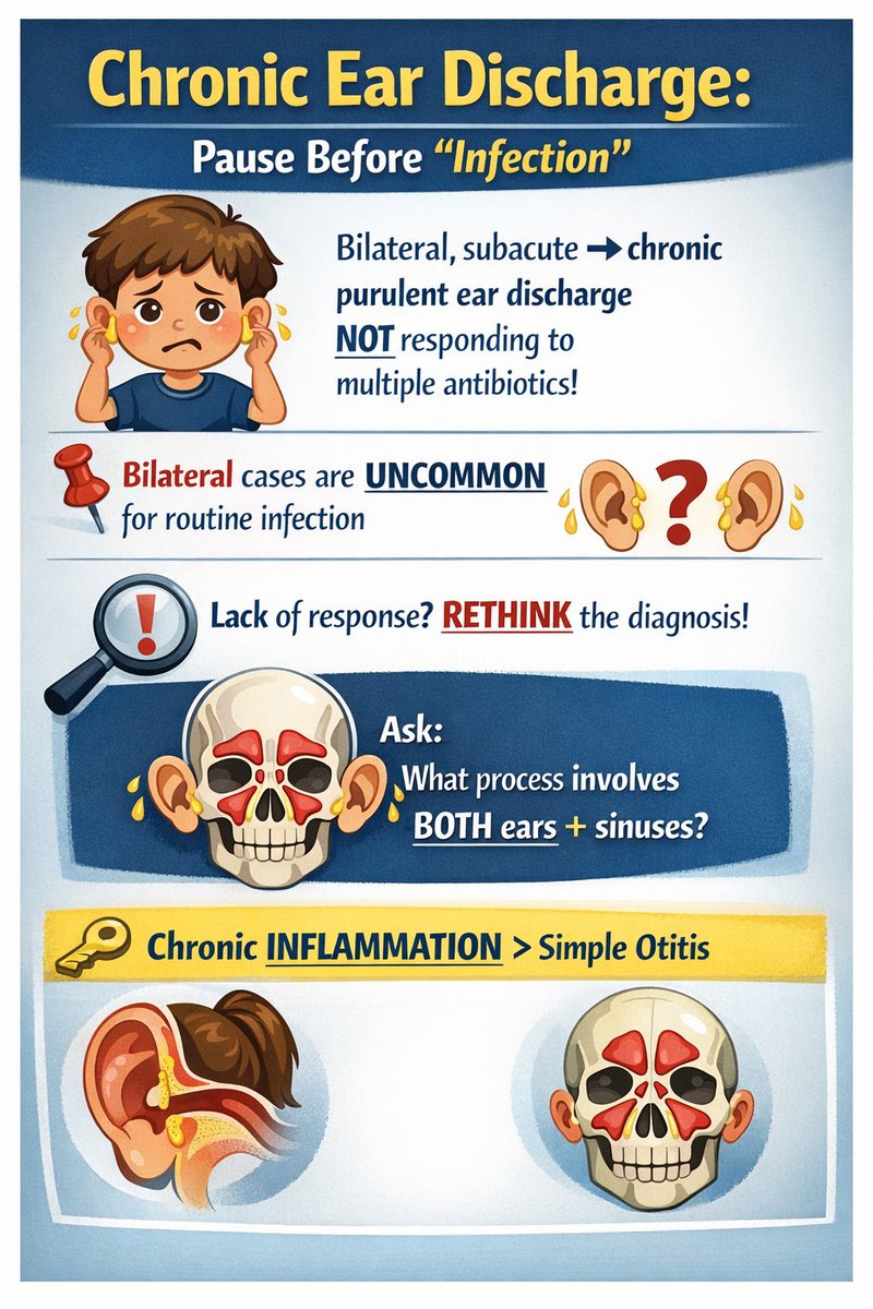 Dr_RamaswamyS's tweet photo. Great case by @Manasskeshav discussed by @KirtanPatolia and @rav7ks on @CPSolvers today. 

Here were some of my takeaways from a young patient presenting with B/L ear discharge. #MedTwitter #FOAMed #CPSolvers https://t.co/iaEoN5bg3S