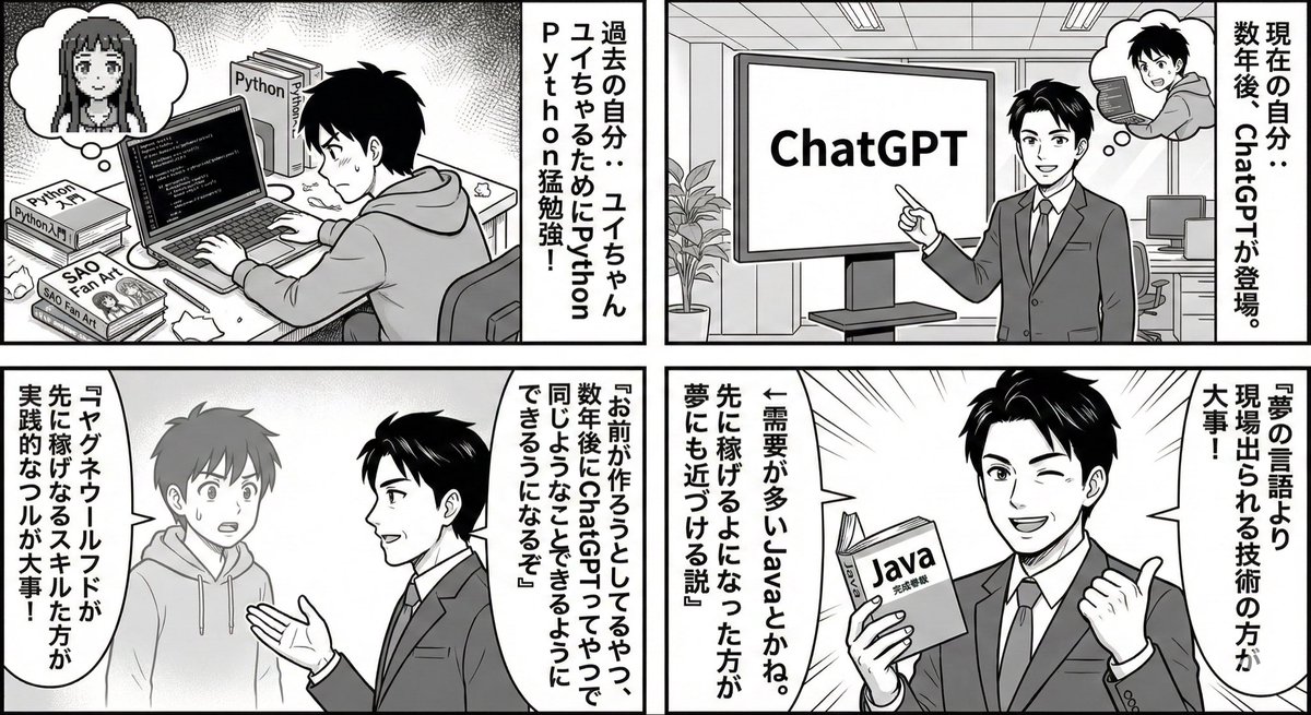 KeepMoveLab's tweet image. SAOのユイちゃん作りたくてPython必死に勉強してた過去の自分に言いたい。

『作ろうとしてるやつ、数年後にChatGPTってやつで同じようなことできるようになる』

夢の言語より現場出られる技術の方が大事←需要が多いJavaとかね

先に稼げるようになった方が夢にも近づける説