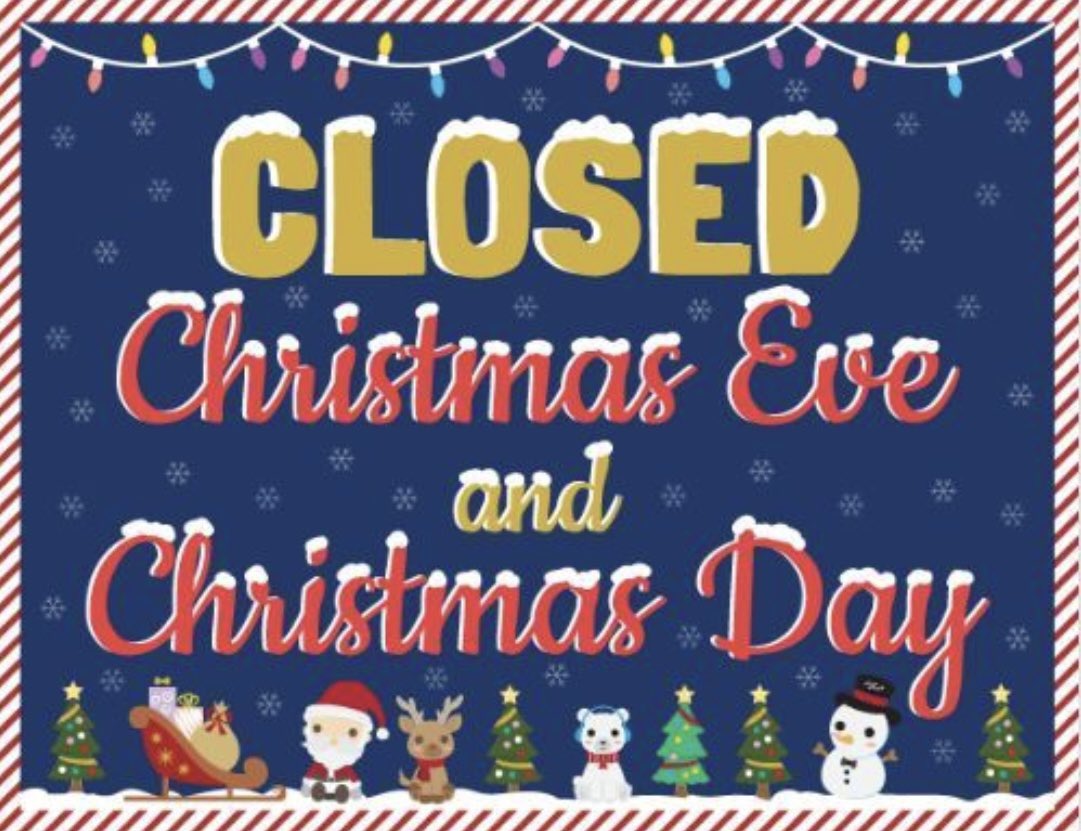We will be closed Christmas Eve and Christmas Day. We will reopen on Boxing Day on the 26th at 11am. Happy Holidays to everybody!