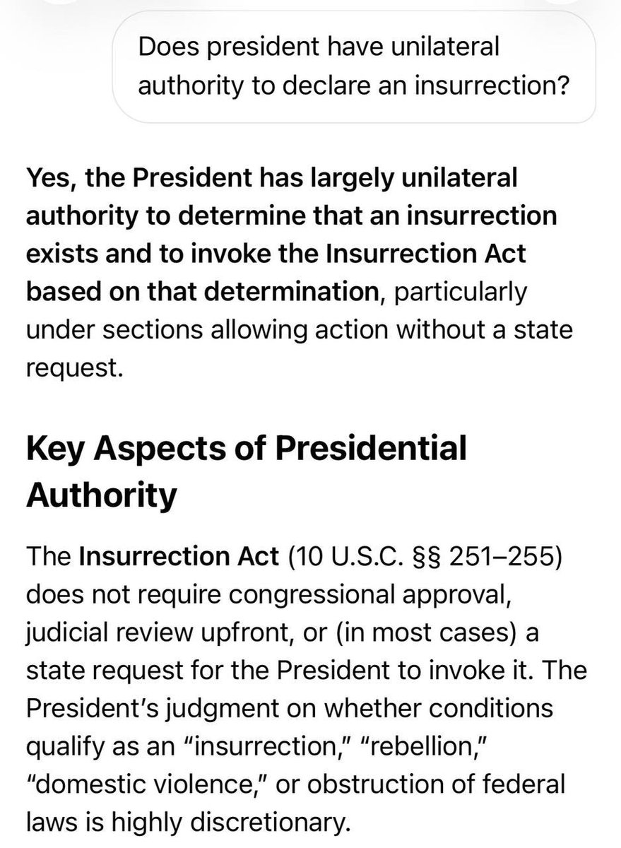 GhostOfEzra1's tweet photo. For those claiming that Trump cannot invoke the Insurrection Act because “there is no insurrection”:

POTUS has unilateral authority to declare an insurrection, without Congress or upfront judicial review.

If POTUS decides it’s an insurrection, it’s an insurrection. https://t.co/RmVwDEzAIM
