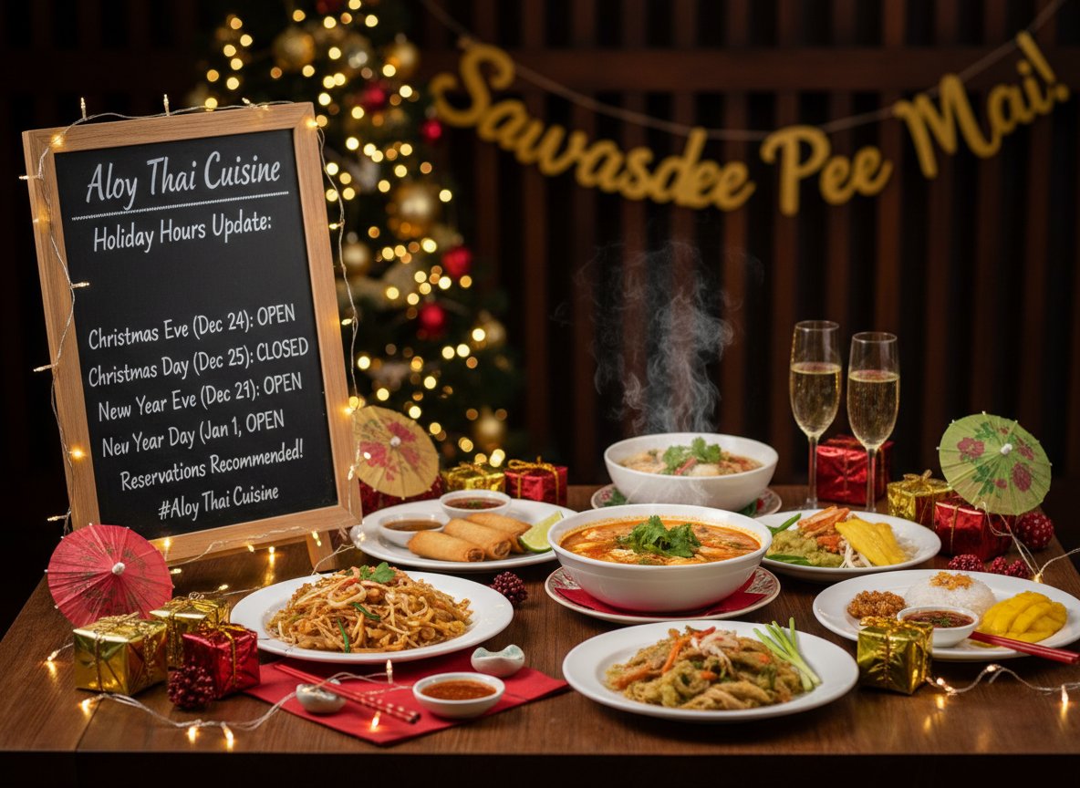 "Dear Aloy Thai Cuisine Family 🎉❤️
Thank you for making 2025 another delicious year!
Holiday Hours: • Christmas Eve (Dec 24): OPEN • Christmas Day (Dec 25): CLOSED • New Year's Eve (Dec 31): OPEN • New Year's Day (Jan 1): OPEN 🎊#Aloythaicuisine #HolidayHours