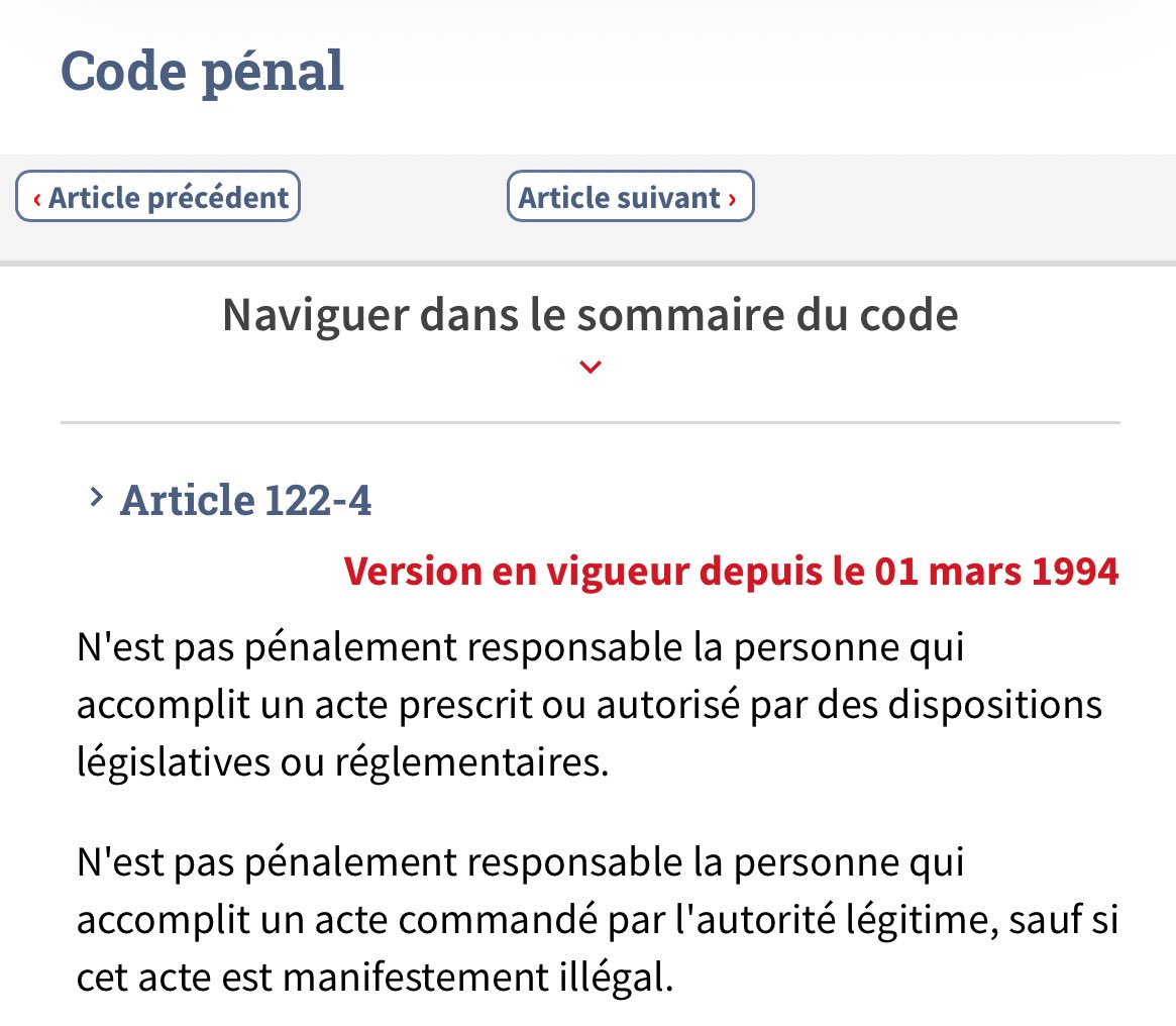❌Fake news 
Même être professeur à Sciences Po ne garantit visiblement plus la lecture du Code pénal.
La loi votée ne modifiera pas le code pénal: l’article 122-4 existe déjà. Fin du débat.