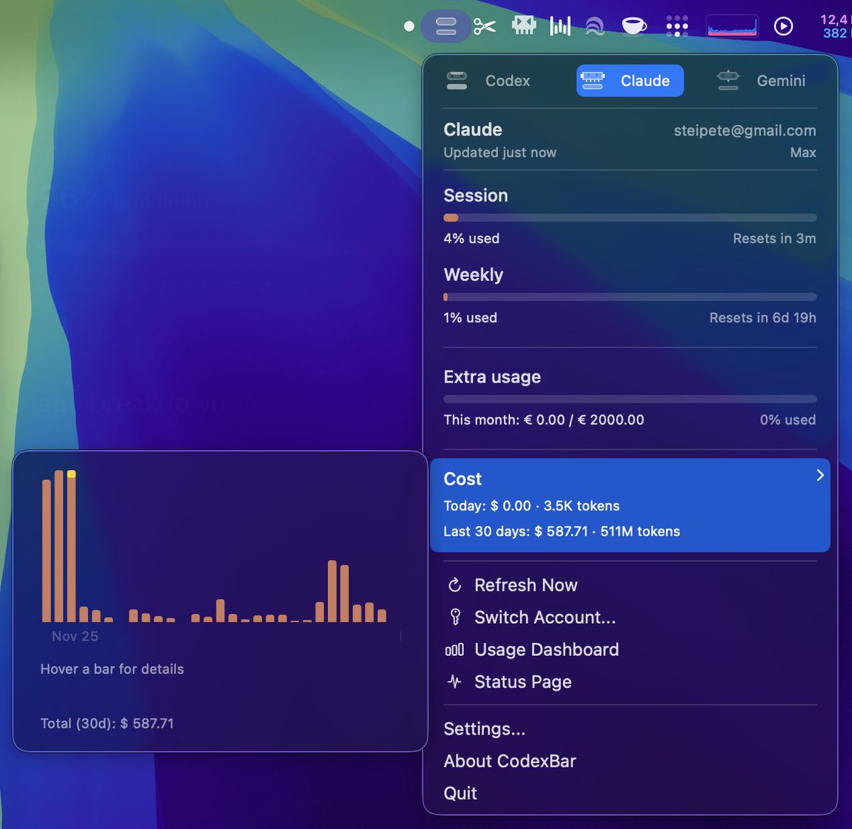 CodexBar usage panel