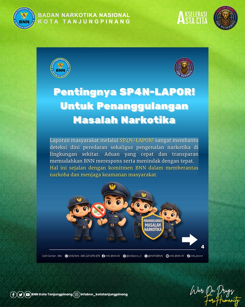 bnnktpi's tweet photo. Tau nggak? Sekarang kamu bisa ikut jaga lingkungan dari ancaman narkoba !

SP4N-LAPOR!📌

Dengan sekali laporan, kamu bantu BNN mendeteksi dini, menindak cepat, dan menjaga masyarakat dari bahaya narkotika. 

Mudah, aman, dan transparan - tinggal lapor, kirim, dan pantau! https://t.co/2wVmyMXSII
