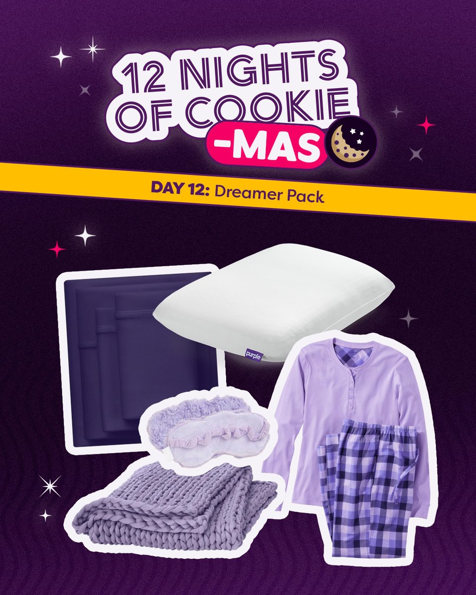insomniacookies's tweet photo. 12 Nights of Cookie-Mas Day 12 brings...the dreamiest pack including @Purple pillow and sheet set, PJ’s of your choice, blanket, sleep mask, and Insomnia Gift Card. Head to https://t.co/B4o2fc0A2w to enter. https://t.co/CfRRVdpHfL