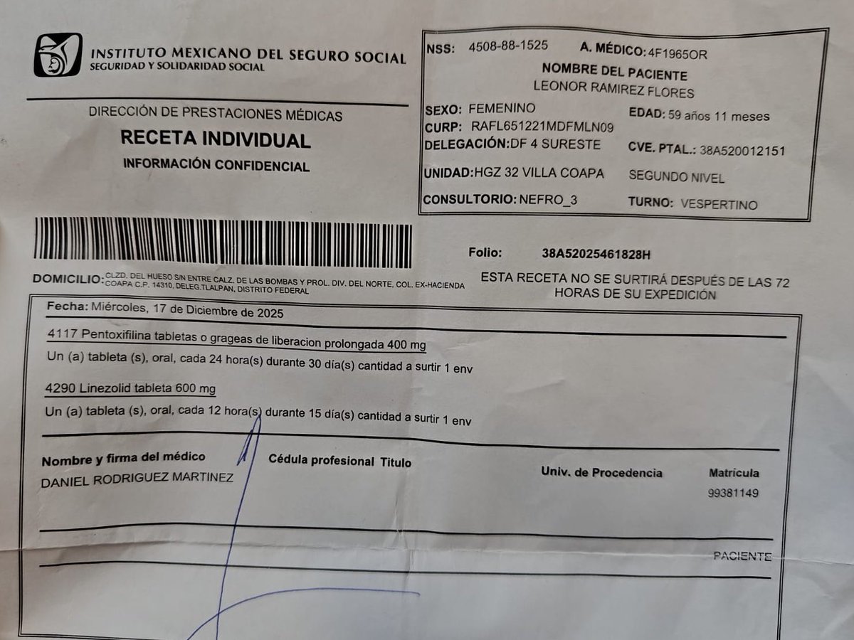 Director de <a href="/Tu_IMSS/">IMSS </a> <a href="/zoerobledo/">Zoé Robledo</a> : Con motivo de la nueva estrategia de entrega de medicamentos por parte del <a href="/GobiernoMX/">Gobierno de México</a> que encabeza <a href="/Claudiashein/">Claudia Sheinbaum Pardo</a>, pido que se surta la receta médica que se presenta en la fotografía para que la paciente pueda continuar con su tratamiento.