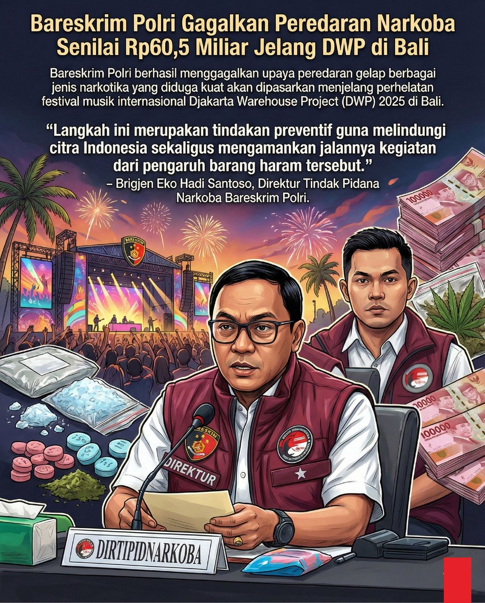 Bareskrim Polri berhasil menggagalkan Narkoba DWP Bali senilai Rp60,5 miliar jelang festival internasional Langkah ini menunjukkan negara hadir melindungi generasi muda dan citra Indonesia #DWPBali2025