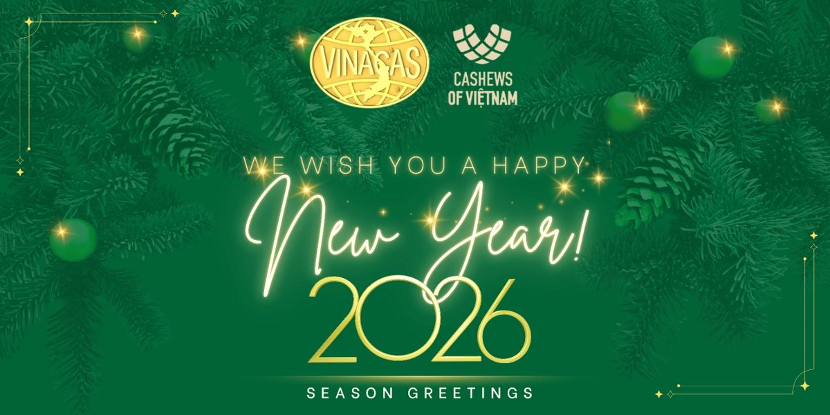 vinacas's tweet photo. 🎄 Merry Christmas &amp; Happy New Year 2026! 🎉
Wishing our members, partners, and the global cashew community a year of new energy and opportunities. Thank you for supporting Vietnamese cashews! ✨
#VINACAS #VietnamCashew #HappyNewYear2026 https://t.co/AO4ktoljVR