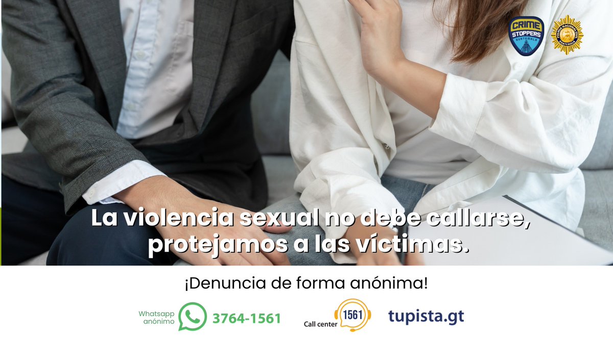 🤝 Protejamos a las víctimas denunciando a los agresores. Tu reporte es 100% anónimo.

​📲 3764-1561
📞 1561
🌐 tupista.gt

#CrimeStoppersGT #PNCGuatemala #SeguridadCiudadana