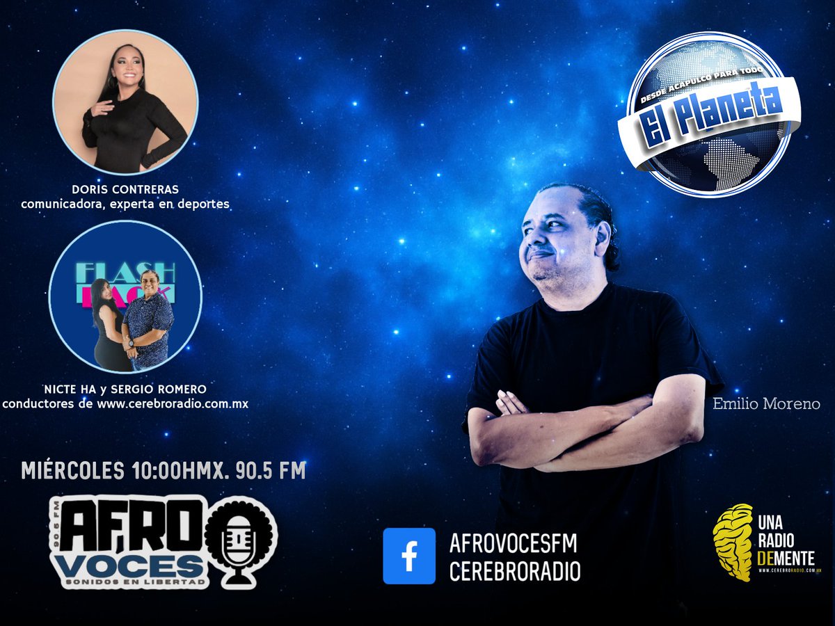Está mañana de miércoles, como ya es habitual te esperamos en Afrovoces 90.5 FM en #ElPlaneta con <a href="/EmilioML/">Emilio Moreno</a>. Invitados: Nicte Ha y Sergio Romero de Flashback y Dorys Contreras, gran comunicadora de Acapulco. Conéctate
