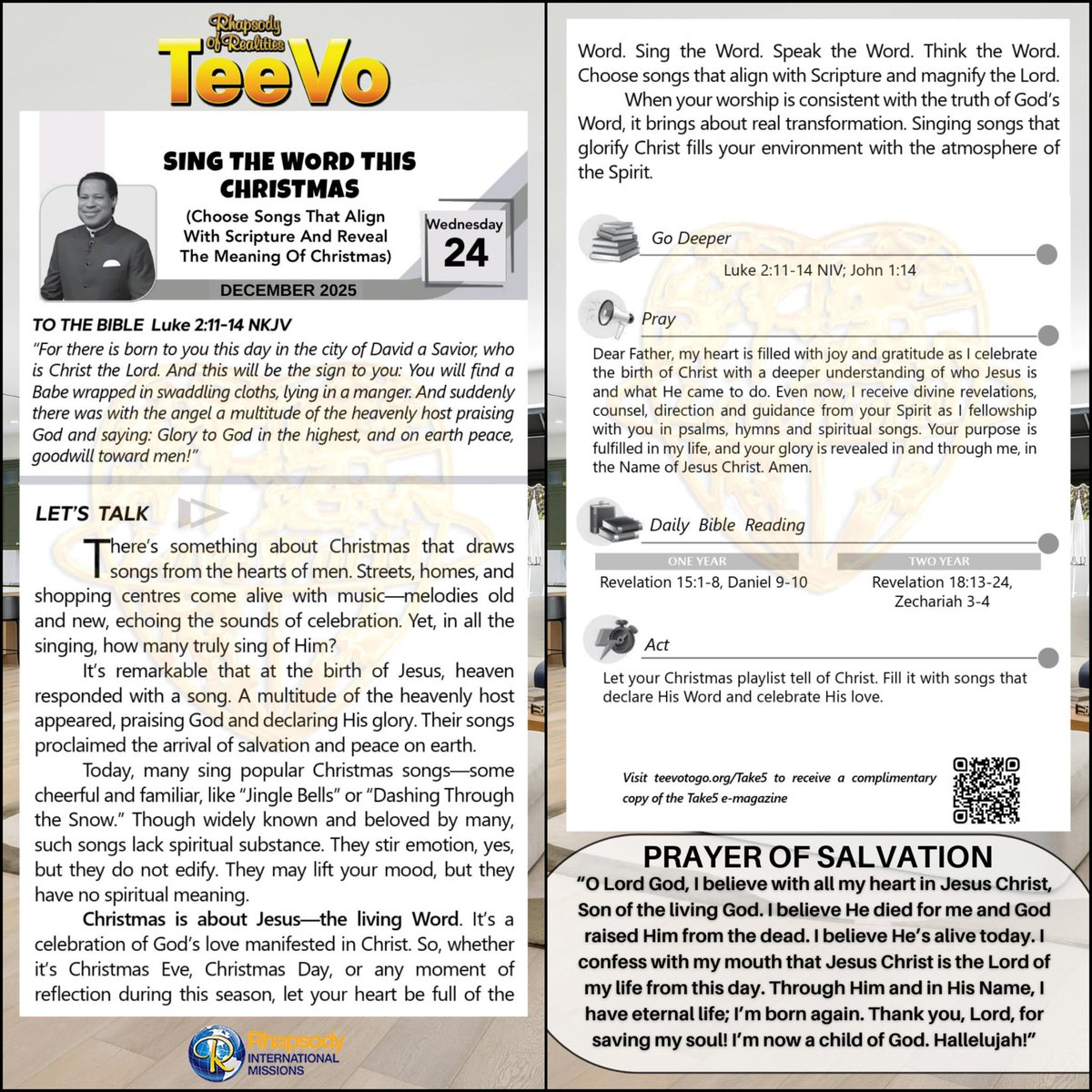 RhapsodyDaily's tweet image. Rhapsody Of Realities 
 for TEENAGERS  
━━━━━━━━━━━━━━━━
Wednesday 24th December 2025  

 SING THE WORD THIS CHRISTMAS
(Choose Songs That Align With Scripture And Reveal The Meaning Of Christmas)

#EternalLife