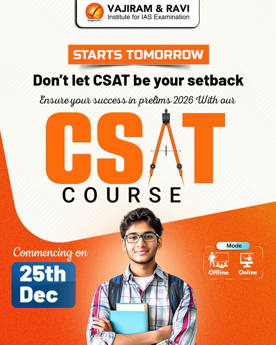 VajiramRavi's tweet photo. 🧠 Don't let CSAT be a roadblock to your UPSC success.

For Enquiries and Registration: https://t.co/MIf4pWtrD9

💡 Make CSAT your strength, not your struggle!

#CSAT2026 #UPSC2026 #IASPreparation #VajiramAndRavi #CSATCourse #UPSCPrelims #UPSCQualify #CivilServicesExam #CSATTips https://t.co/fovMc5MpBC