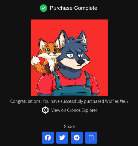 gMoon Wolfies 🐺

I just got myself a christmas present and welcomed my 3RD Wolfie into my collection.. And this one comes with a companion! 🦊

I consider myself lucky for sniping this one for just 1212 $CRO! Just 33 wolfies with that lil fellow 👀

Apparently, <a href="/ForFoxSakeCro/">For Fox Sake! 🦊 FFS on @Wolfswap.app 🐺</a>