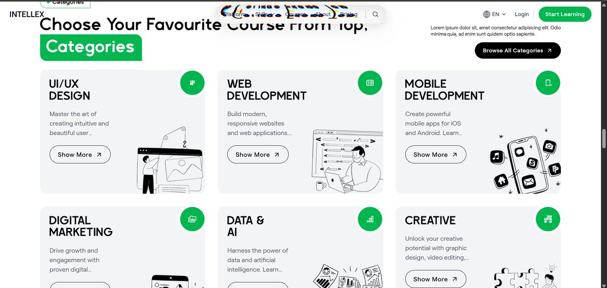 devdynasty237's tweet image. Cooking up a course cards section with inverted border radius, few page snapshots and literal glass-effect navbar . Still in the building phase but wanted to share the progress — you can check it out here: intellex-eight.vercel.app
