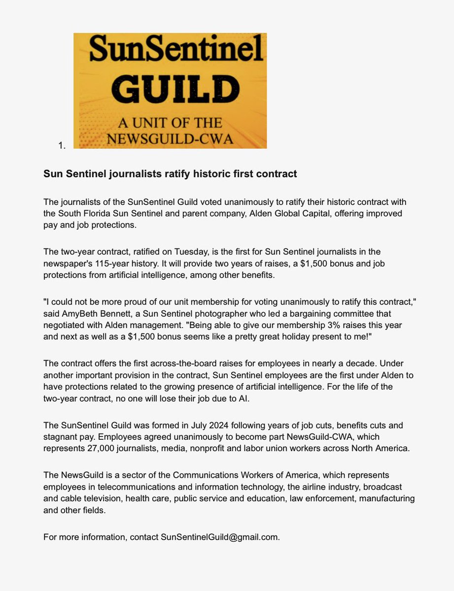 SS_Guild's tweet image. BIG NEWS: The SunSentinel Guild unanimously ratified our 1st contract. It will provide two years of raises, a $1,500 bonus and job protections from artificial intelligence, among other benefits. @newsguild @CWAUnion #SunSentinelSolidarity