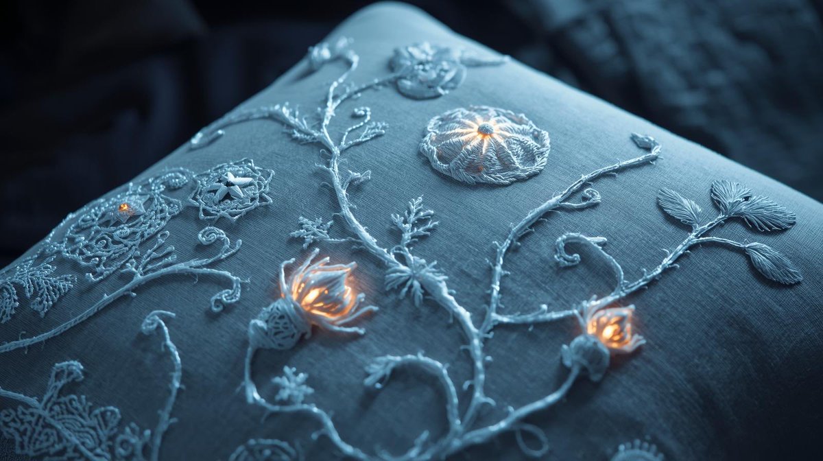 StarOfBarking's tweet image. Winter Making 3/3 - Proximity‑Triggered Animation

A cushion that wakes when you approach - a faint shimmer, winter‑blue pulse, quiet presence. Natural fibres + gentle tech = a small hearth‑side familiar.

Guide: open.substack.com/pub/carolwebbl…

#WinterMaking #ETextiles #LightArt