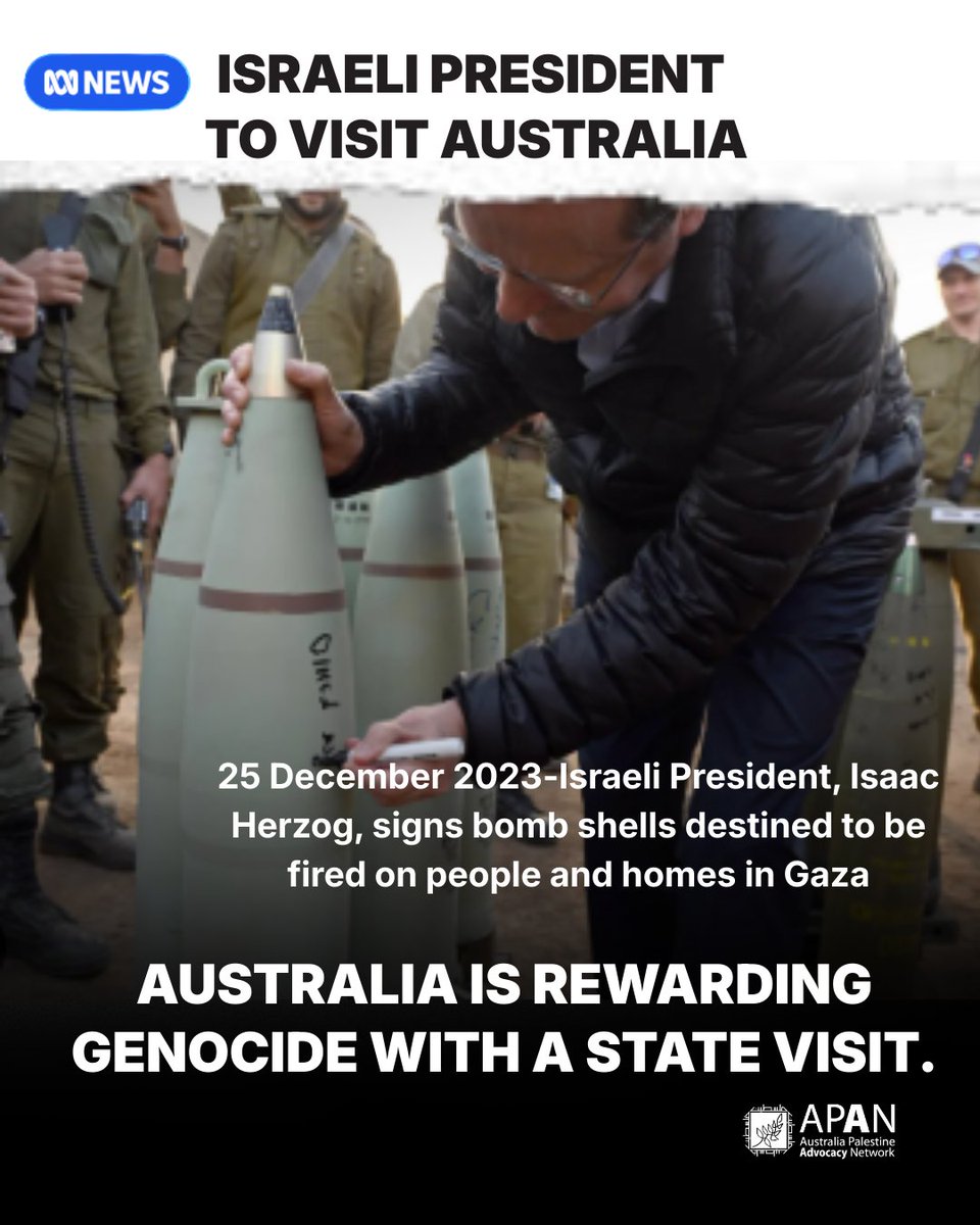 APAN4Palestine's tweet photo. Australia is preparing to welcome Isaac Herzog, a leader whose genocidal statements are on evidentiary record in international proceedings.
Palestinians continue to be killed. Land theft continues. Aid and medical supplies remain blocked.
Now, as this visit is announced, protest and speech laws are tightening — threatening to silence Australians who oppose genocide.
This is not diplomacy.
 It is complicity, enforced by repression.

Media Release : https://t.co/bi6qN4vASR