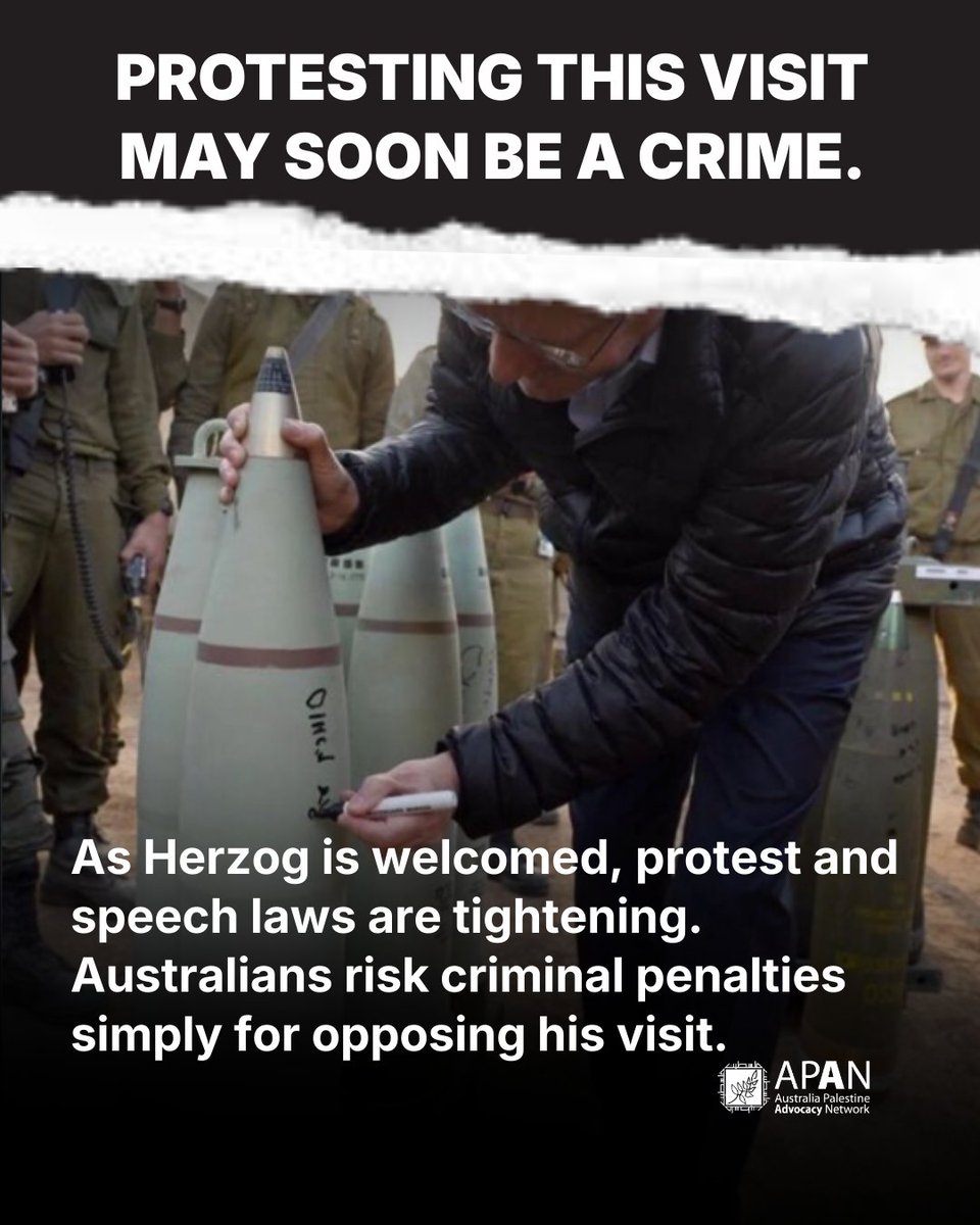 APAN4Palestine's tweet photo. Australia is preparing to welcome Isaac Herzog, a leader whose genocidal statements are on evidentiary record in international proceedings.
Palestinians continue to be killed. Land theft continues. Aid and medical supplies remain blocked.
Now, as this visit is announced, protest and speech laws are tightening — threatening to silence Australians who oppose genocide.
This is not diplomacy.
 It is complicity, enforced by repression.

Media Release : https://t.co/bi6qN4vASR