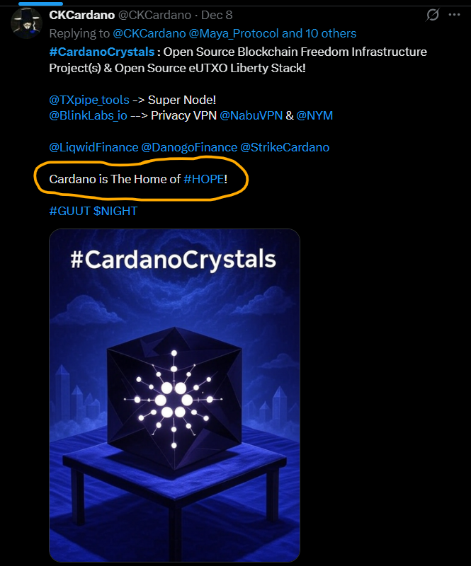 CKCardano's tweet photo. @Padierfind "have a strong vision, we need a very simple and quick statement"

#GUUT: Grand Unified UTXO Theory
#HOPE: How Oppressed People Escape
#SANE: Scalable Algorithmic Nash Equilibrium

"a yield-generating, multi-asset treasury"

#CardanoCrystals: Open Source Freedom Infra Project(s) https://t.co/Vzyqlb1nsT