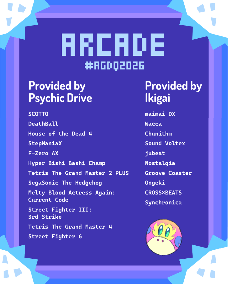 GamesDoneQuick's tweet image. Thank you to Psychic Drive and Ikigai for providing our arcade for #AGDQ2026!! 

gamesdonequick.com/activities