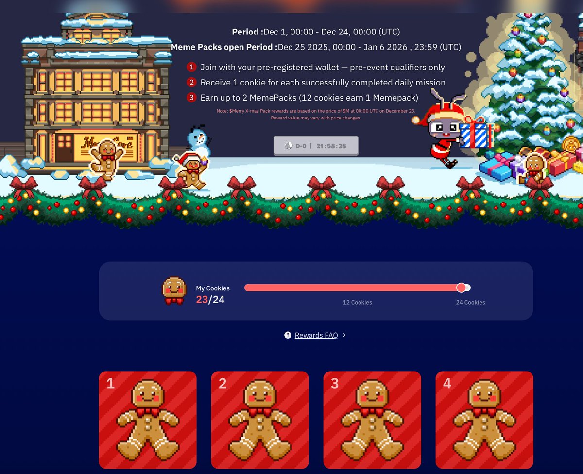 終於簽到最後一天了，24天的時間也不算太短，今天是平安夜，只希望大家都可以平平安安，世界不要有太多的是非，如果可以請給我開100個memepacks，我想得到10,000 $m ，要是願望成真我捐5,000顆出來做公益跟抽獎， <a href="/MemeCore_M/">MemeCore</a> 你可以達成我的願望嗎？