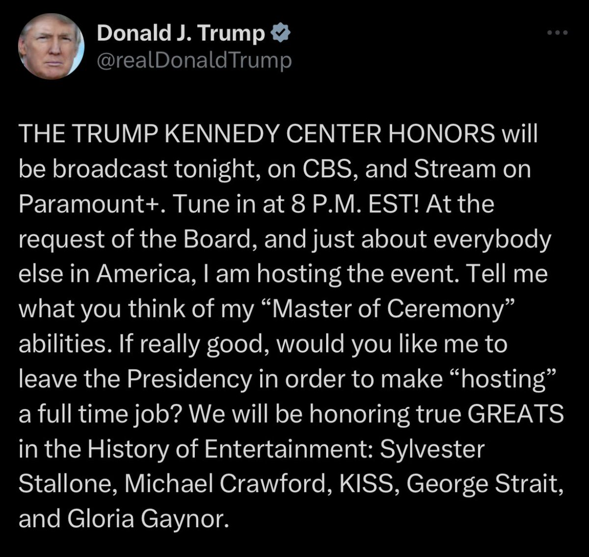 More like the trump Kennedy Center dishonors. What a fucking disgrace, to be nominated for an award to be handed to you by an institution that a child-raping pedophile slapped his name on to assuage his pathetic ego. All real Americans better boycott this shit.