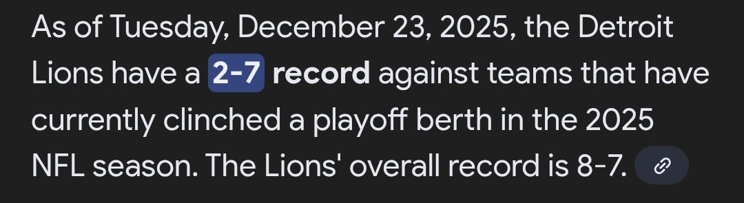 <a href="/DumasMike/">🦁 Brad Positional Villain Holmes Honolulu Blue 🦁</a> Also, Lions are 2-7 against playoff eligible teams this season, beating only the Bucs and Bears. However, the Bears are 5-1 in the same category, losing only to the Packers. So maybe do a little research before opening your mouth.