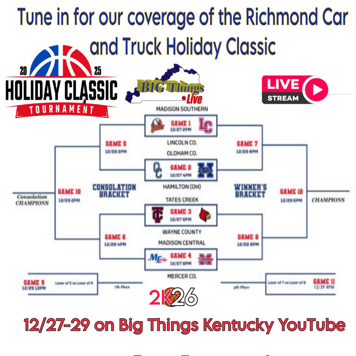 kybigthings's tweet image. Big Things Kentucky Kentucky High School Basketball Live from Madison Central The 2025 Richmond Car and Truck Holiday Classic Streaming starts 12/27 @2pm on Big Things Kentucky YouTube #BigThings KYHighSchoolBB
youtube.com/@bigthingskent…