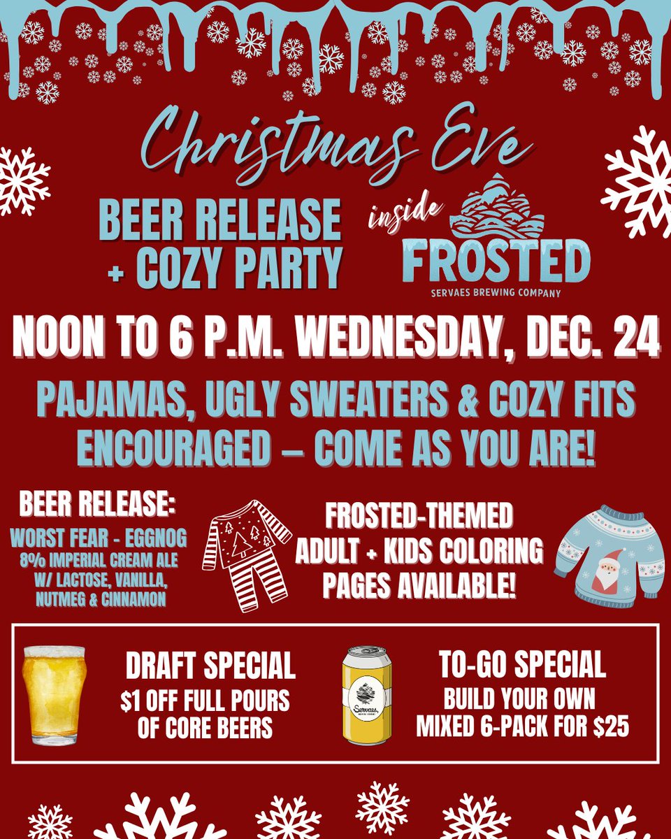 ServaesBrewCo's tweet image. Spend Christmas Eve soaking up winter vibes! ❄️✨ We’re keeping things casual, festive and stress-free with a beer release, beer specials, to-go deals and a relaxed holiday atmosphere. ❄️✨ We'll have special hours of noon to 6 p.m. Wednesday. 🍺🎄 #shawneeks #shawneekansas