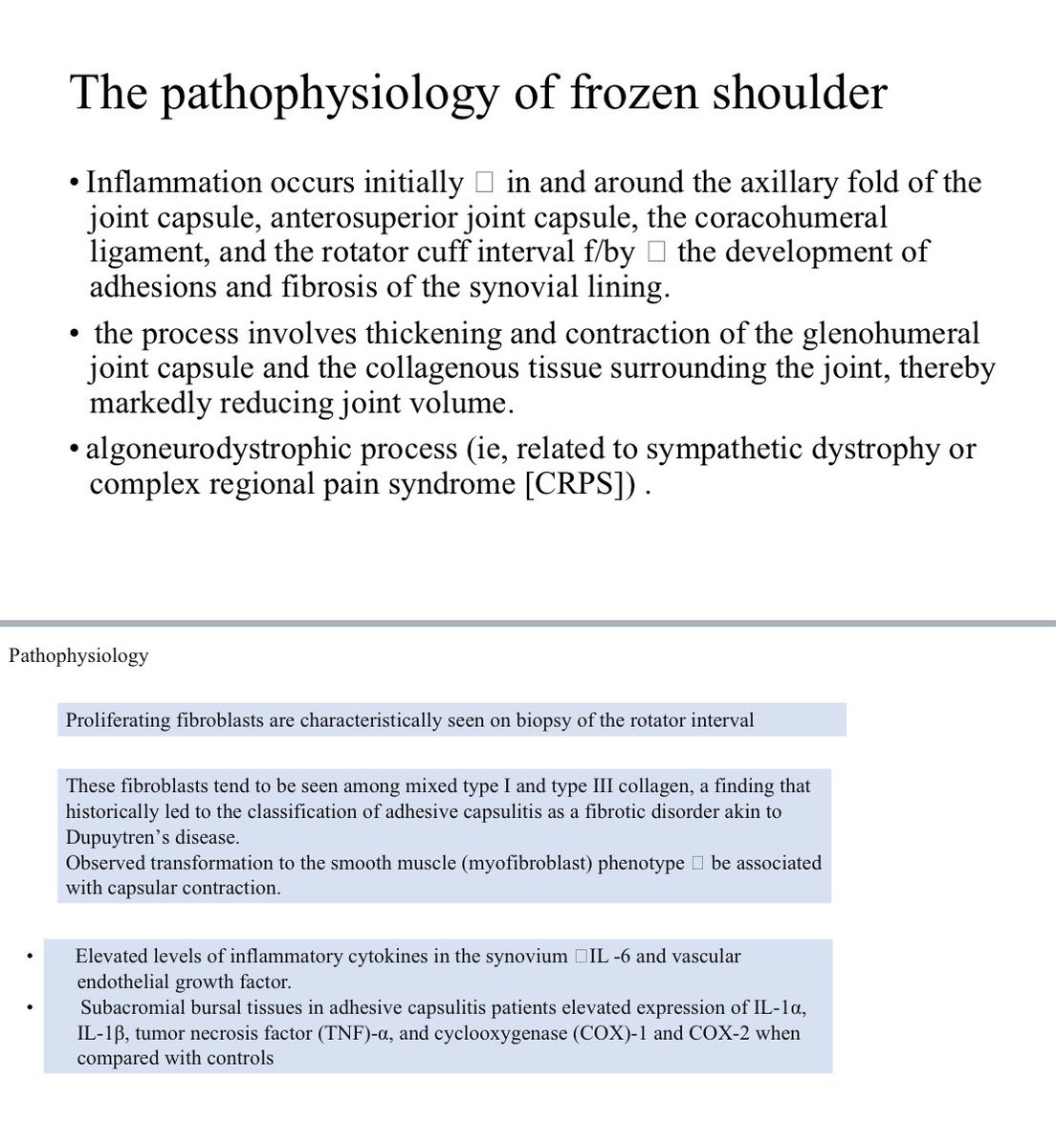 Abhilasha21822's tweet image. Part 3/5 frozen shoulder 

🔬 Pathophysiology (starts with inflammation)
➡️ Axillary fold
➡️ Anterosuperior capsule
➡️ Coracohumeral ligament
➡️ Rotator cuff interval
➡️ Progresses to adhesions &amp;amp; fibrosis

What actually happens?
• Thickening &amp;amp; contraction of capsule
• Reduced…