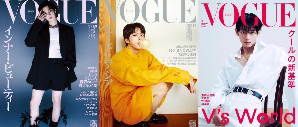 V, JIN and SUGA as the only Korean men and overall only five men to ever grace a solo cover of VOGUE Japan in its 25-year history.

SUGA (BTS) - August 2023 : The first solo male cover in the magazine's 24-year history at the time. Multiple sources (including Vogue Japan itself)