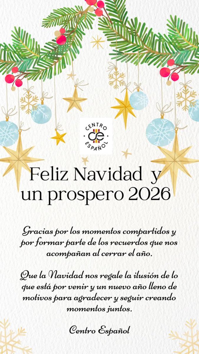 Al cerrar este año, agradecemos de corazón a quienes hicieron posible cada encuentro en el Centro Español.
Les deseamos felices fiestas y un 2026 lleno de salud y nuevos proyectos compartidos.

Mayte Molera
Presidenta Centro Español