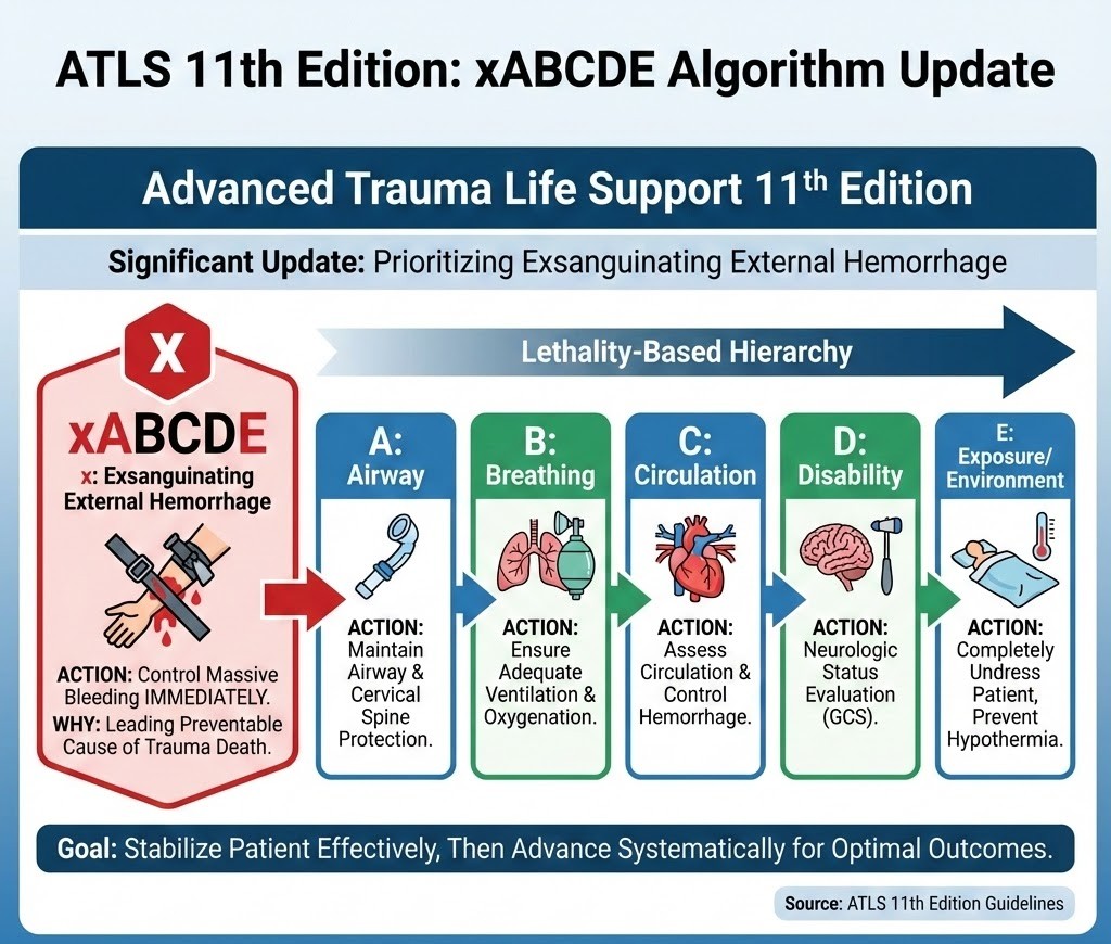 jackcfchong's tweet photo. ATLS 11th Edition.  
https://t.co/NTVVcqrGbP
A significant update in the 11th Edition of Advanced Trauma Life Support introduces the xABCDE algorithm, prioritizing control of exsanguinating external hemorrhage before proceeding to airway management. https://t.co/rEtSvuHSln