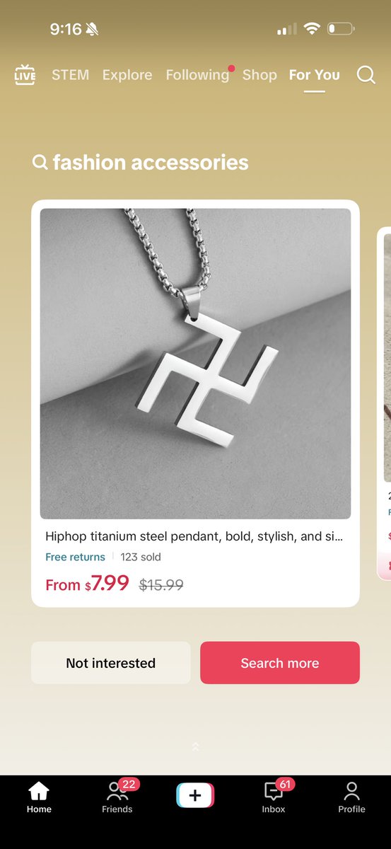 Swastika necklaces being marketed and sold on Tik Tok shop.
<a href="/tiktok_us/">TikTok US</a> do you not have anything to say about this?