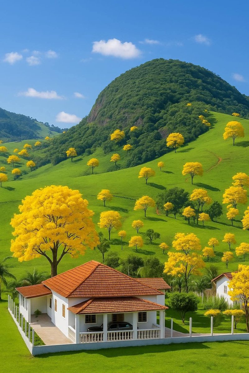 Golden oleanders bloom upon emerald hillsides, as if sunlight were scattered upon the earth. Paired with tranquil white cottages and towering green mountains, this scene is breathtakingly beautiful!
