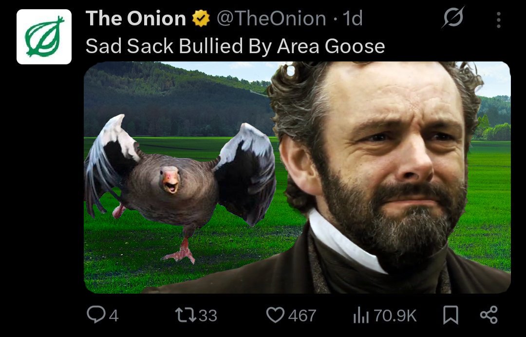 FluxitSanguine's tweet image. Sadly, William Boldwood never achieved much better, despite being portrayed perfectly by @michaelsheen  #michaelsheen #geese  #farfromthemaddingcrowd #photoshop #theonion