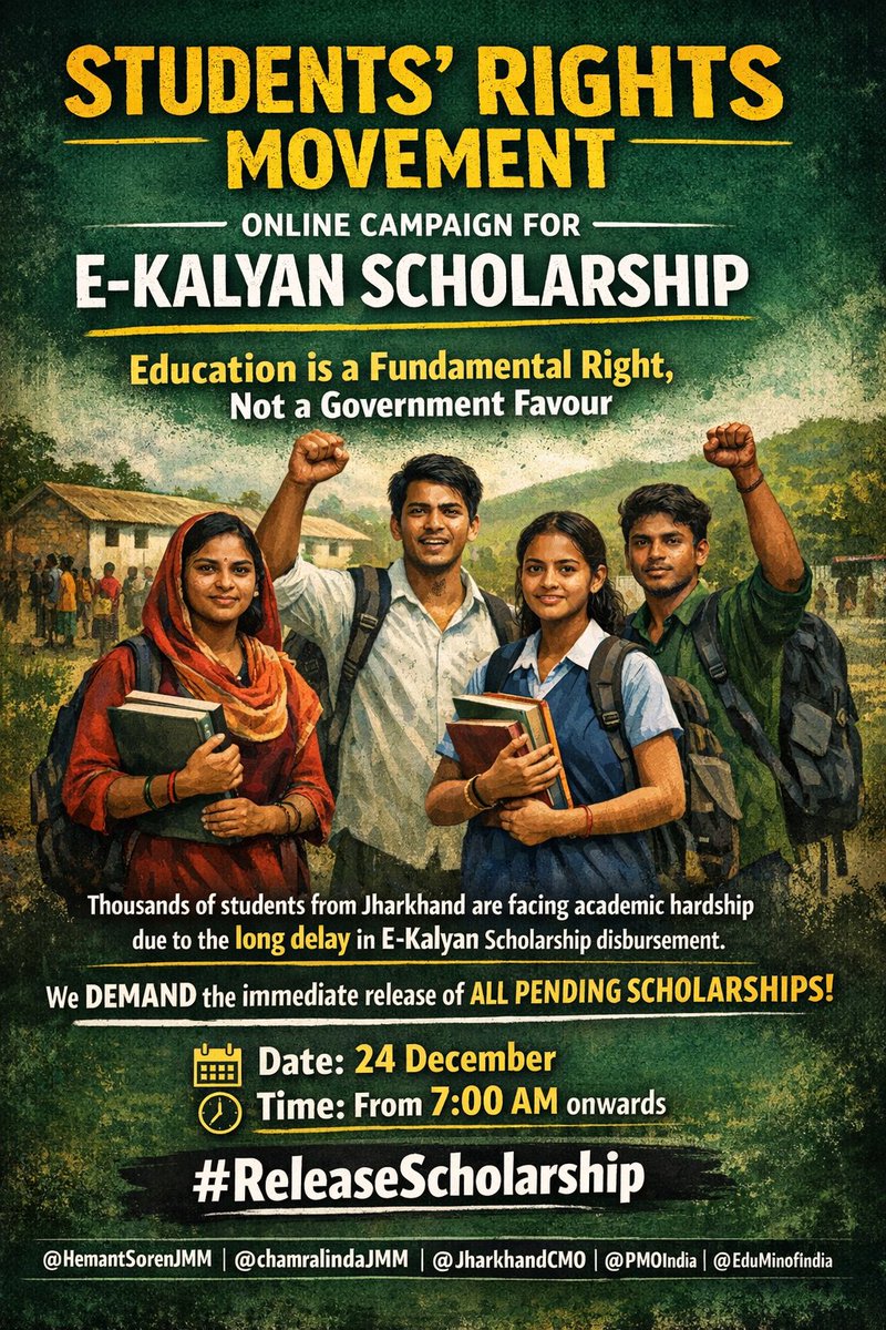 Sanjay1932's tweet photo. Students are the future of the country, and scholarships provide financial support to students to complete their studies, so that they can progress and overcome poverty.  Scholarships should be disbursed to students soon.
#ReleaseScholarship @PMOIndia @JharkhandCMO @EduMinOfIndia https://t.co/xyJSWtZu1l