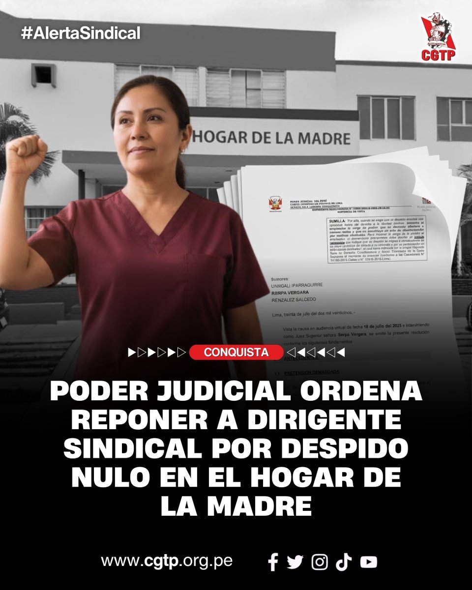 JovenCgtp's tweet photo. CGTP celebra este fallo, resultado del esfuerzo del Departamento de Defensa Legal, frente a los abusos que sufren a diario los trabajadores y trabajadoras del Perú.
#AlertaSindical #CGTP #PoderJudicial #hogardelamadre https://t.co/haGYBf8DvC