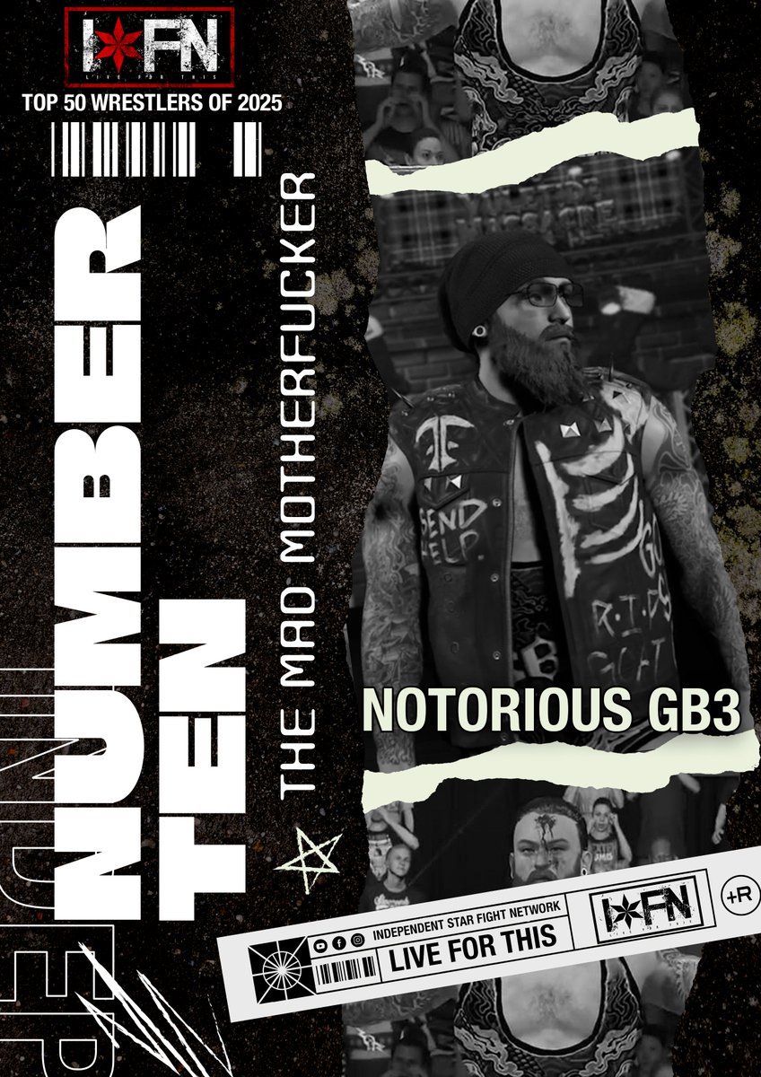 Starting off the Top 10 of the ISFN Top 50 Wrestlers of the Year, we kick it off with the Notorious GB3! Having one hell of a breakout year, having appeared in HAVOC Pro's Bloodsport, and having won the 585 Rochester Riot to earn himself a World Title shot at 585 Yuletide->
