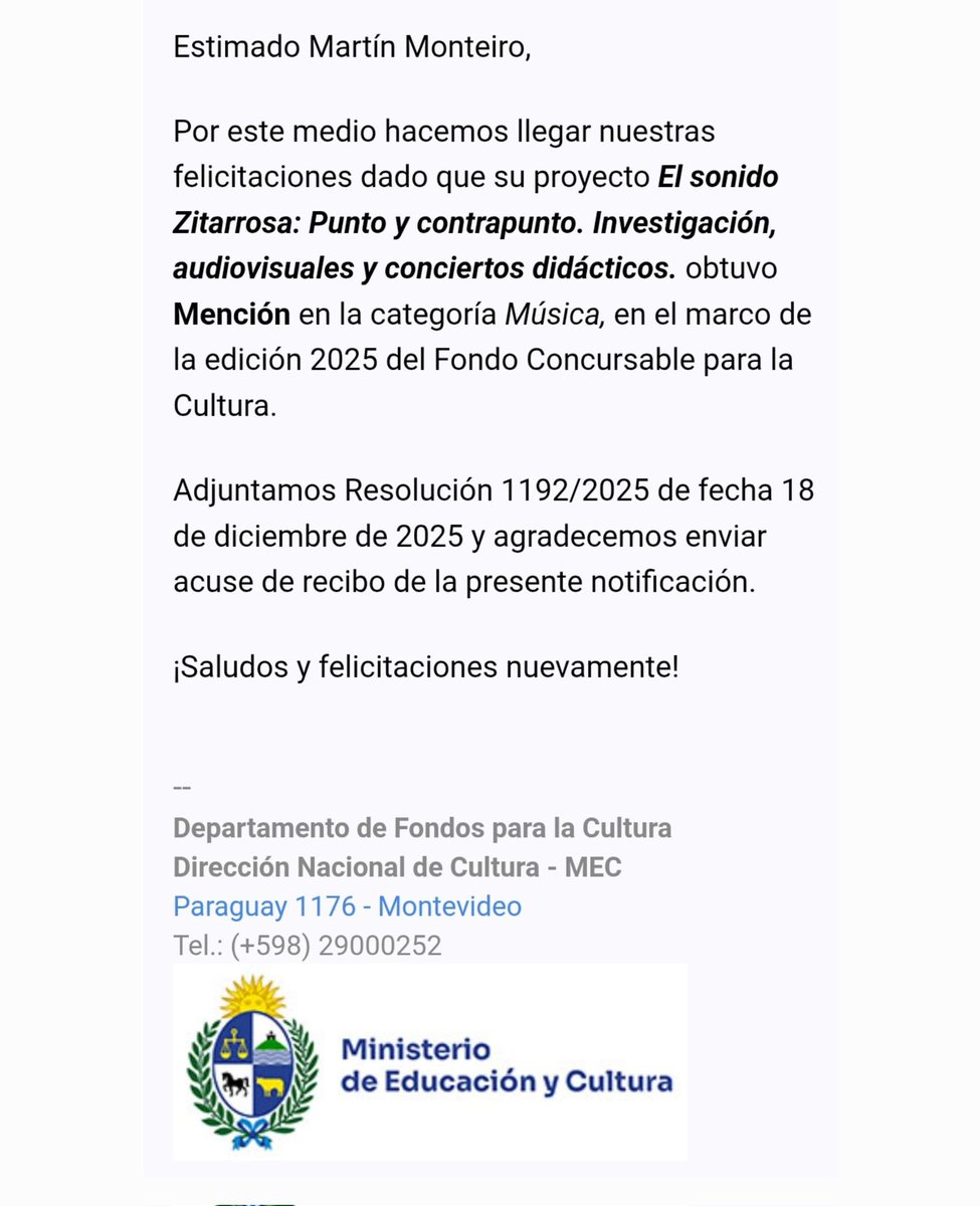 Esta vez tocó premio consuelo.
Pero a mucha honra. Un honor estar entre las 9 Menciones de la categoría Música, por la gran cantidad y calidad de los proyectos presentados, con un récord de 530 postulaciones, de las cuales 130 eran de Música. 
Ya vendrán tiempos mejores.