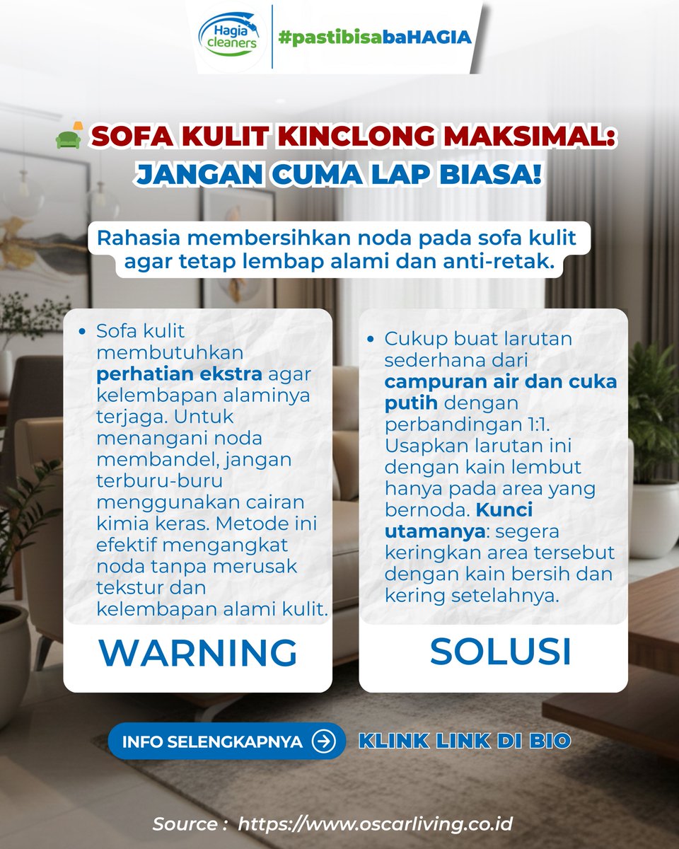 Hagiacleanersid's tweet image. Sofa kulit itu investasi mahal. Salah perawatan bisa bikin kering, retak, dan kusam 🛋️
Lap biasa &amp;amp; cairan sembarangan justru berisiko merusak. Rawat dengan teknik yang tepat biar tetap lembut &amp;amp; mewah.
#SofaKulit #LeatherCare #HagiaCleaners