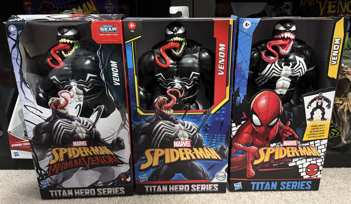 thevenomsite's tweet image. New Titan Venom on the far right is a pretty big improvement. 

More articulation, much better symbol, painted gums, but you do lose the green slime!