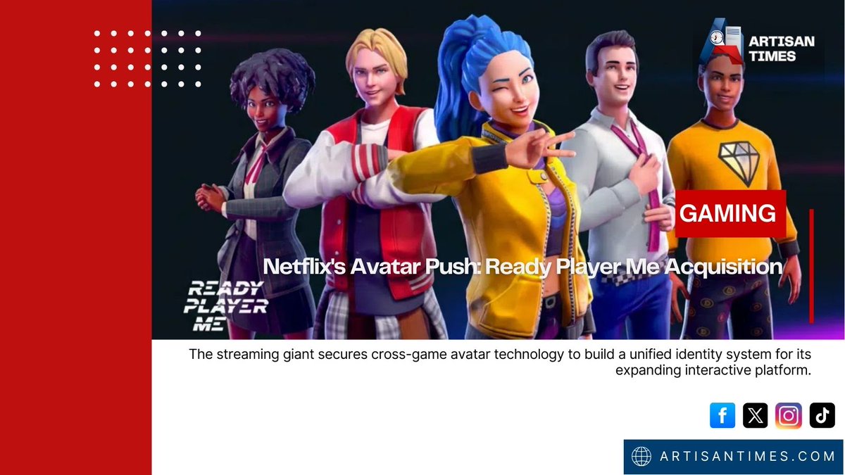 artisan_times's tweet photo. Netflix acquires Ready Player Me, the cross-game avatar platform.
#Netflix #ReadyPlayerMe #Gaming #Avatars #Acquisition #CrossPlatform #TechNews #Streaming #DigitalIdentity #GamingPlatform
Read more: https://t.co/zsnJVgO6Bb https://t.co/l0oW2q0kL9