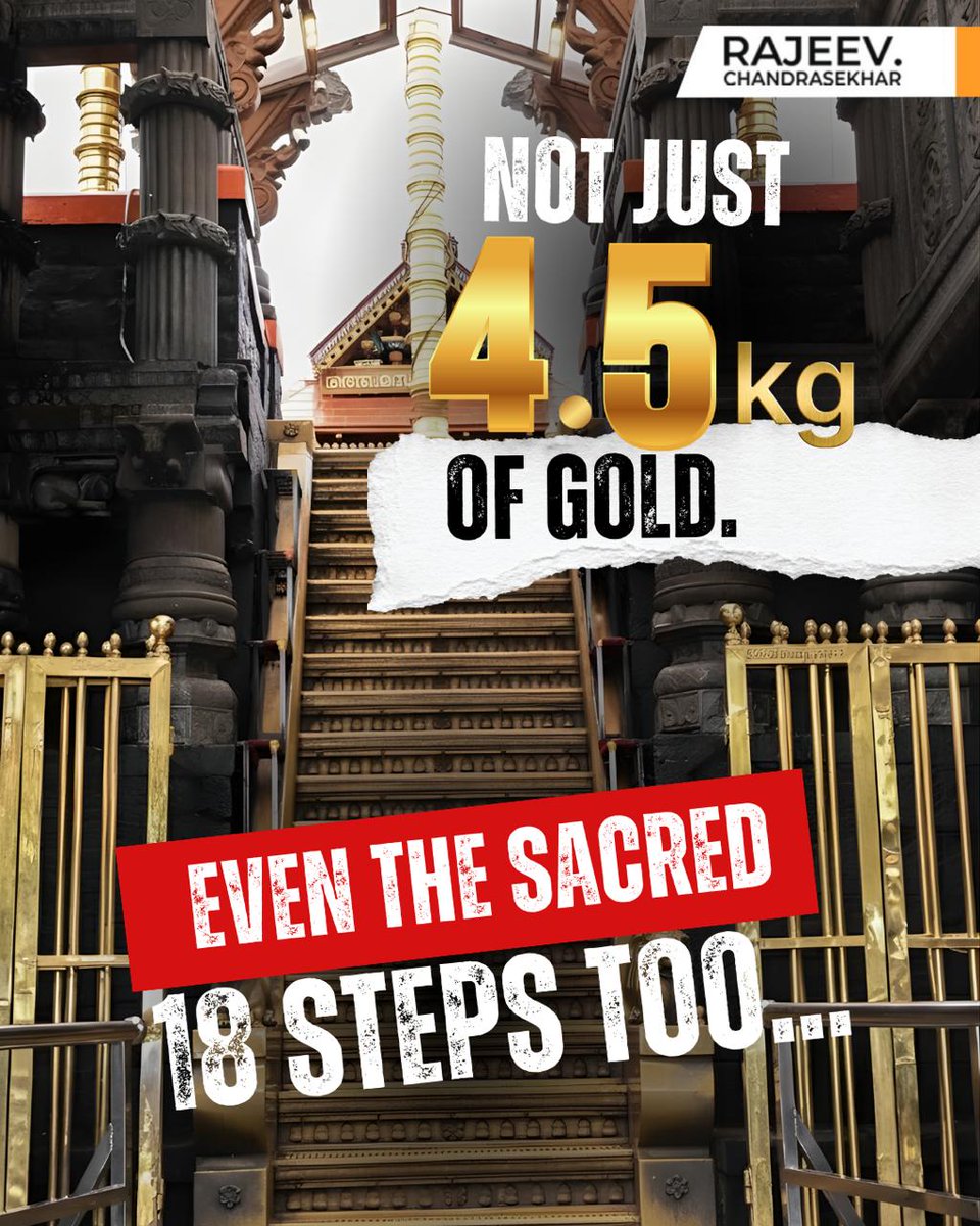 RajeevRC_X's tweet photo. As an Ayyappa bhakt, the pain and hurt I felt earlier has now deepened even further 💔

What is coming out now is far more disturbing than what we first knew. 

The looting of Sabarimala was not limited to 4.5 kg of gold. Investigations now show that under the LDF-appointed Devaswom board, 4 Panchaloha idols were taken out of Sabarimala and sold to international criminal networks.

Most shocking of all - parts of the sacred Pathinettam Padi, which were replaced during UDF regime in 2015, were tampered with and looted.

As I said earlier, arresting a Unnikrishnan Potty or a Vasu is not enough.  This is a larger political conspiracy started under Congress-UDF and perfected under CPM-LDF.

This is not just loot. This is sacrilege. This is a betrayal of Swami Ayyappa and millions of bhakts like me across the world. 

A SIT cannot uncover the truth, only a CBI probe can.

And let us not forget, CM @PinarayiVijayan tried to coverup this shameless crime, as a “slip-up.”

We will ensure justice for Ayyappa bhakts.

Swamiye Saranam Ayyappa 🙏

#Sabarimala
