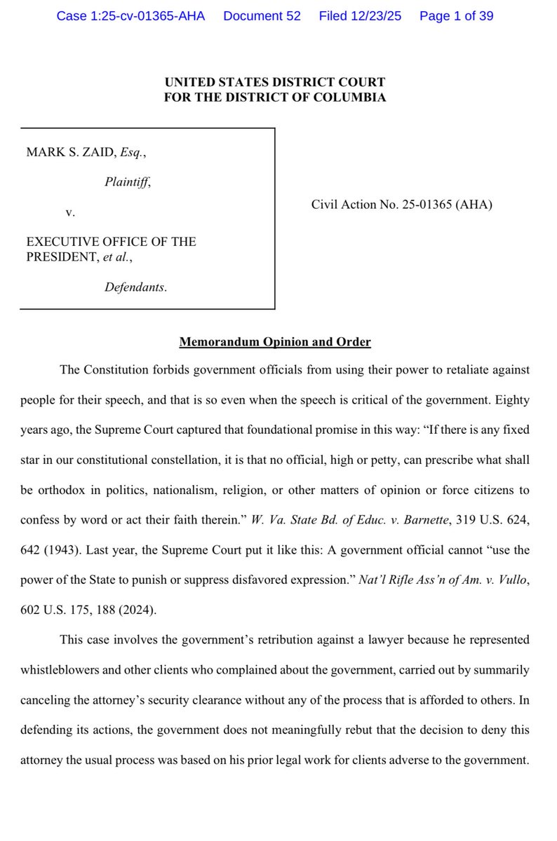 kyledcheney's tweet image. JUST IN: @MarkSZaidEsq wins a preliminary injunction against the Trump administration, blocking the revocation of his security clearance. Judge Ali said it was an unconstitutional act of retribution.