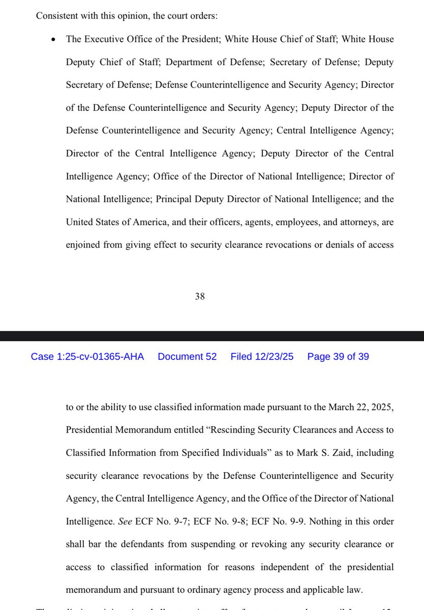 kyledcheney's tweet image. JUST IN: @MarkSZaidEsq wins a preliminary injunction against the Trump administration, blocking the revocation of his security clearance. Judge Ali said it was an unconstitutional act of retribution.